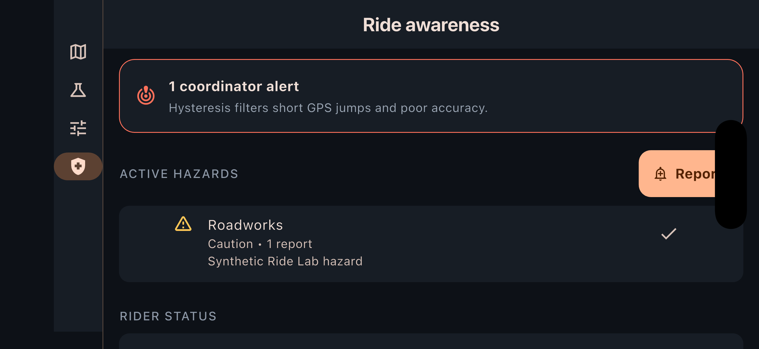 The Tail End Charlie awareness screen with a roadworks hazard and a coordinator alert.